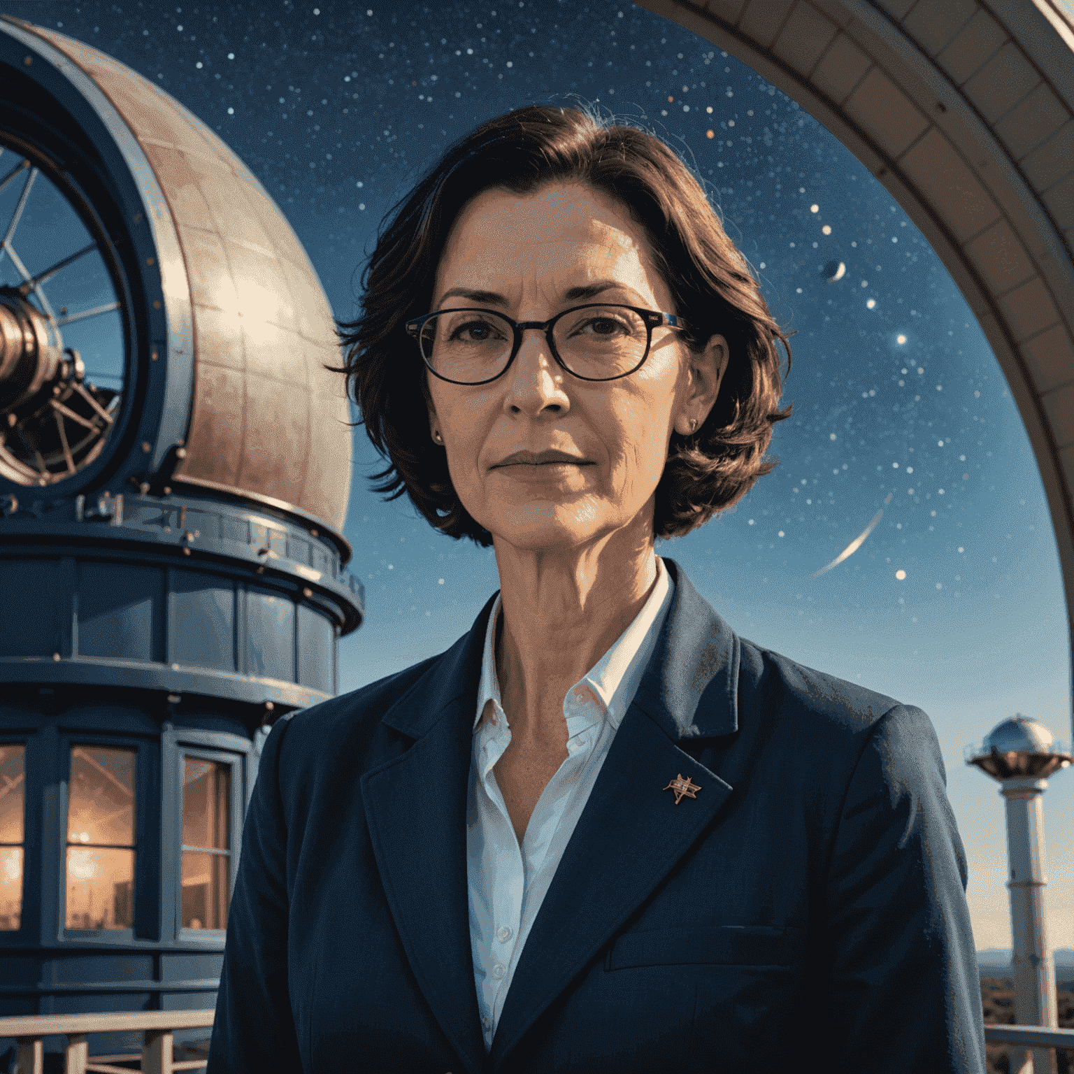 Portrait of Dr. Stella Nova, a middle-aged woman with short dark hair and glasses, wearing a navy blazer, standing in front of an observatory telescope