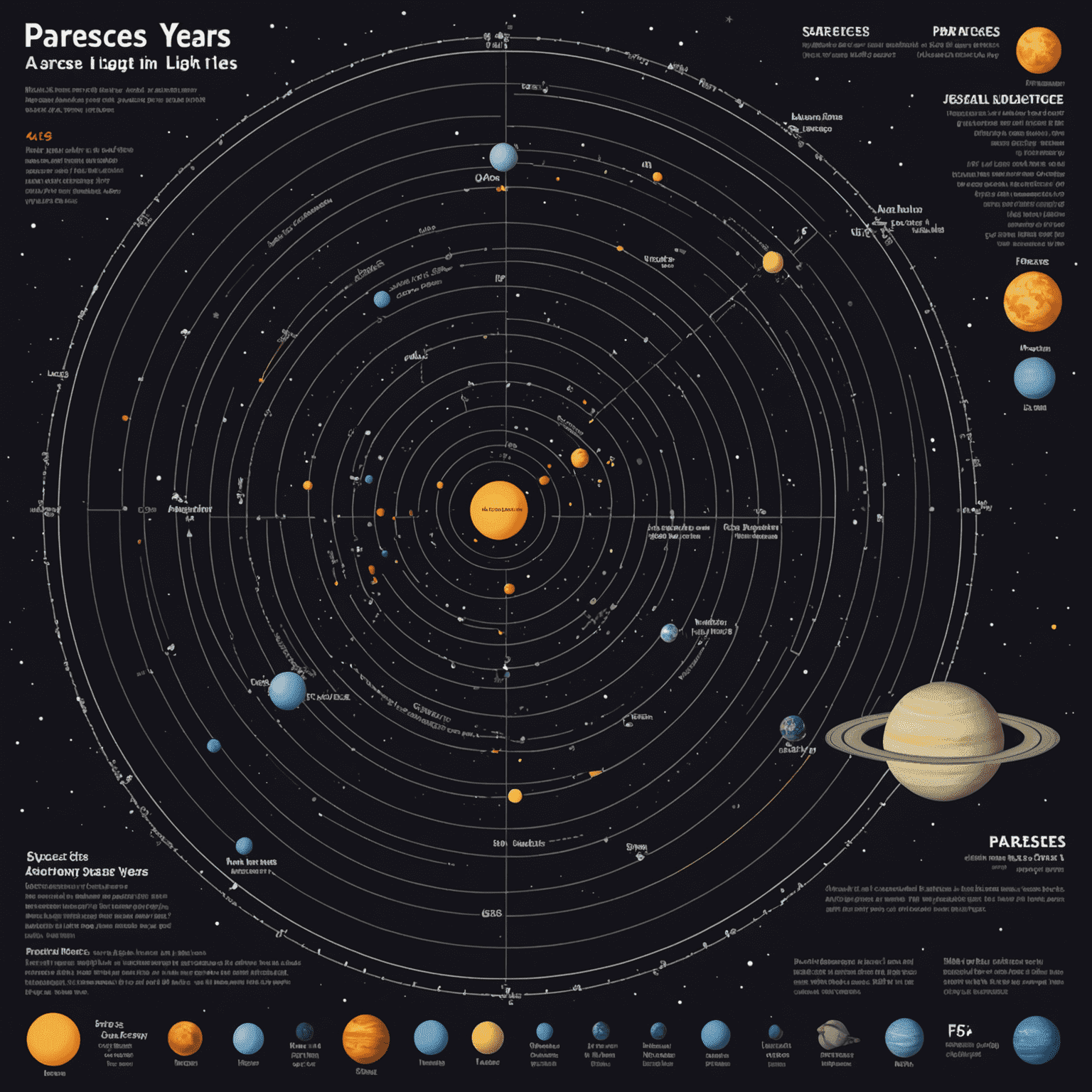 An infographic comparing parsecs and light years, showing their relative sizes and common uses in astronomy. The image includes visual representations of nearby stars and their distances in both units.