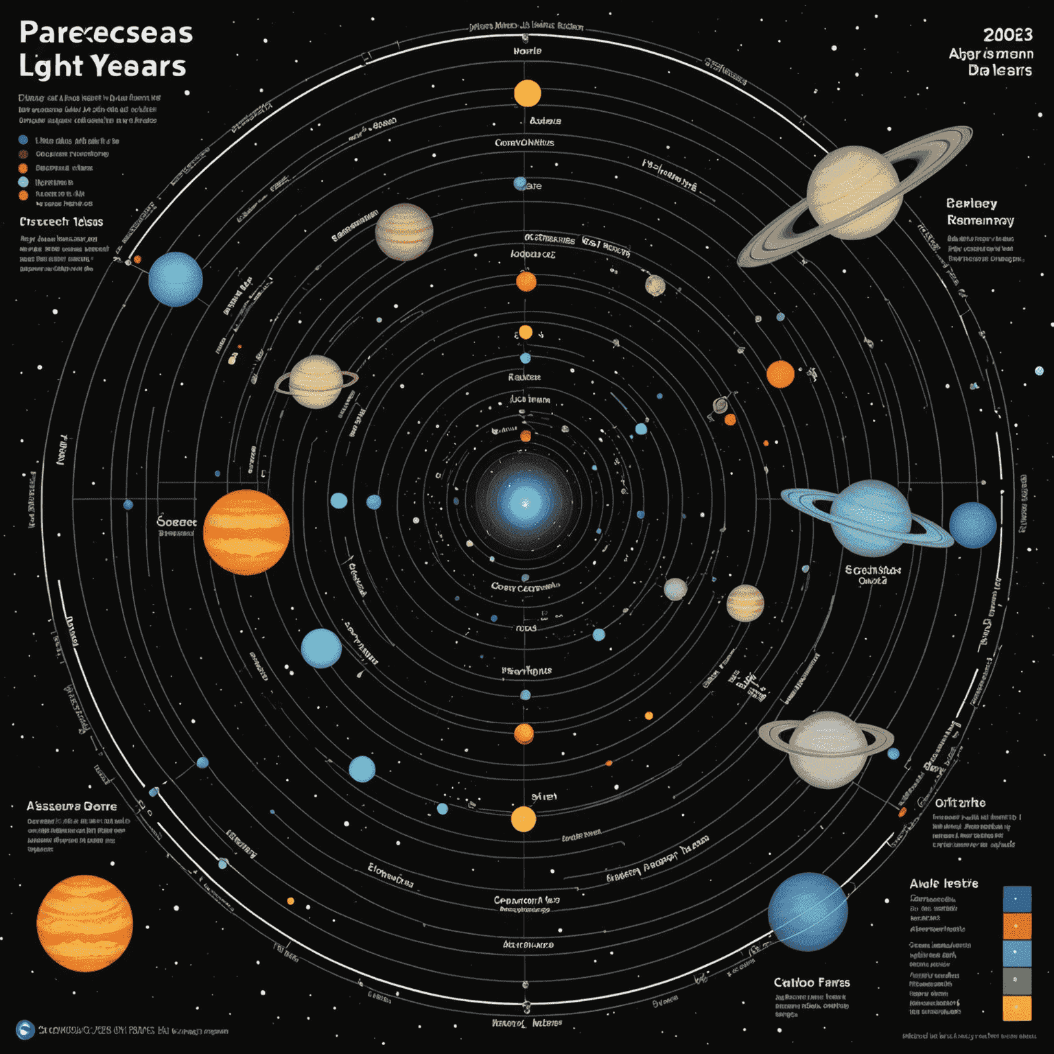 Infographic comparing parsecs and light years, showing their relative scales and common uses in astronomy